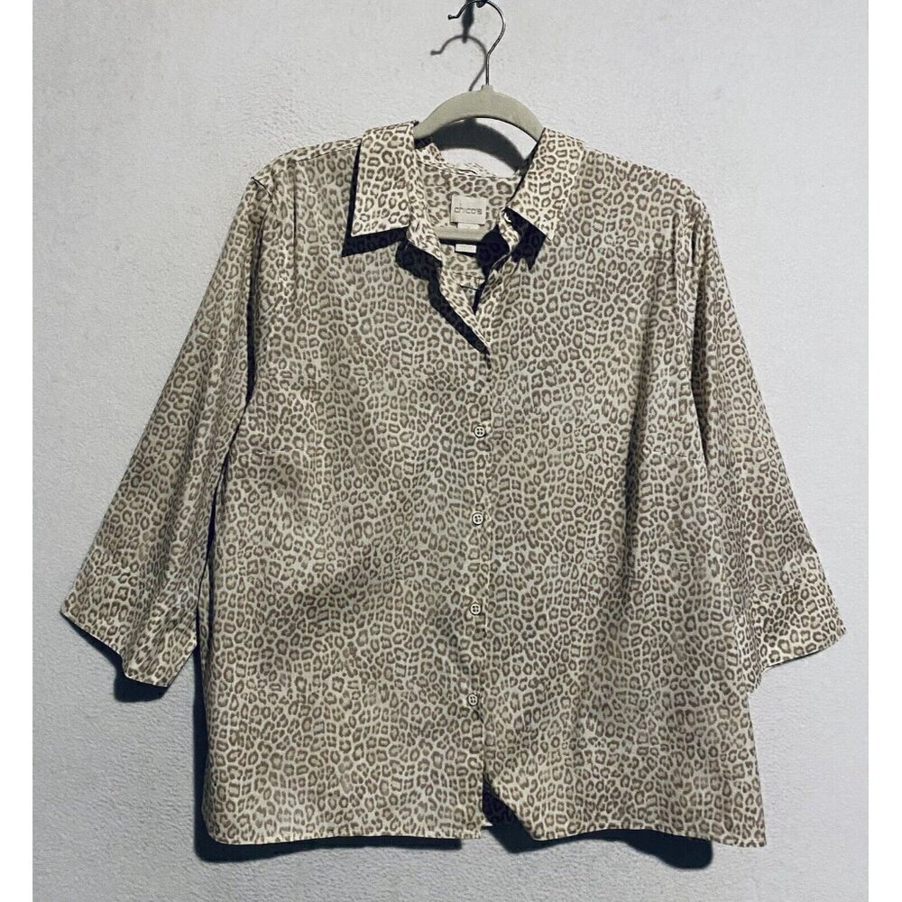 Chicos Top Womens Xl Leopard Print No Iron Pleat Back Stretchy Cotton 3/4 Sleeve
